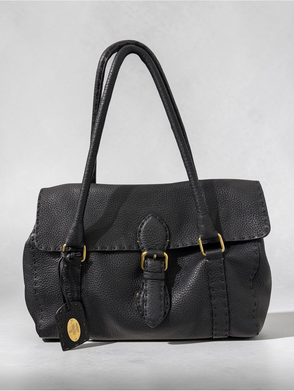 Excellent Condition Fendi Black Leather Selleria Shoulder Bag with Buckle Detail